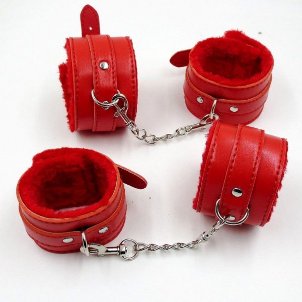 red leather fuzzy cuffs