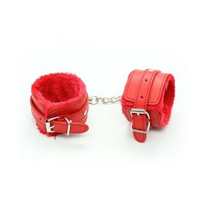 red leather fuzzy cuffs