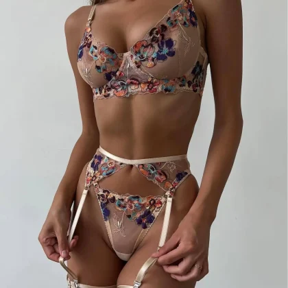 Floral Embroidery Lingerie Set (Nude) (M)