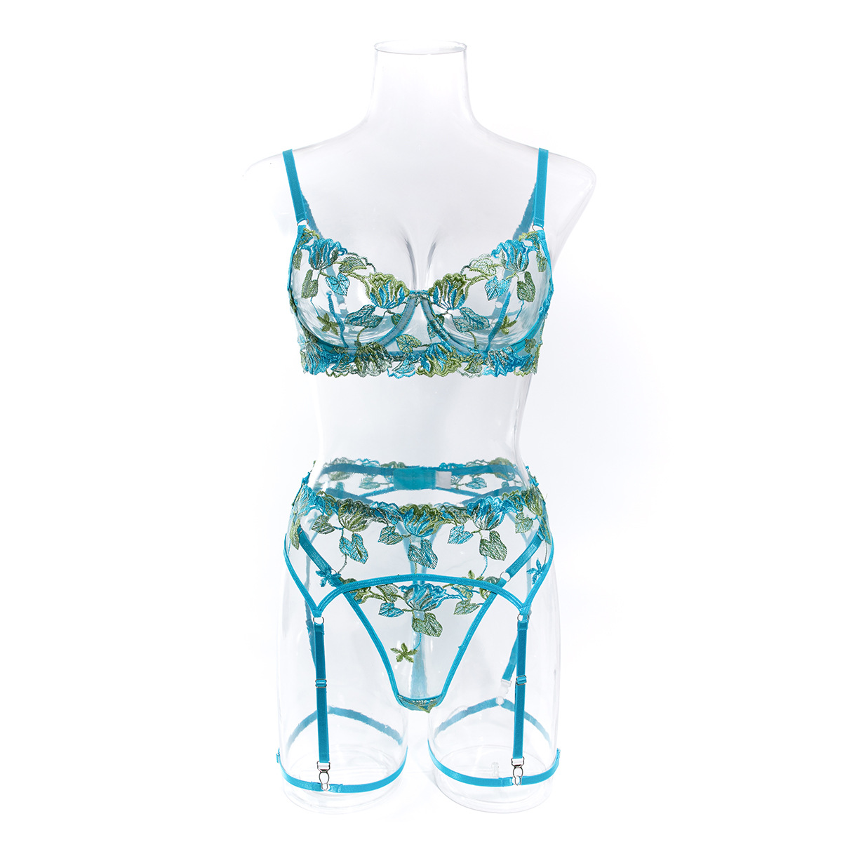 Sexy Embroidery Lingerie with Garter Set (Blue) (M)